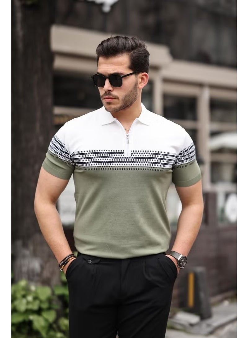 Miron Khaki White Zippered Knitwear Polo Neck T-Shirt - Image 1